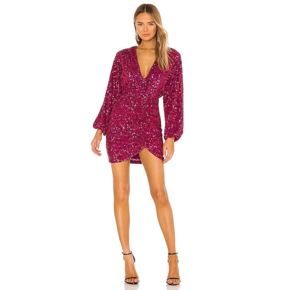 Retrofête Pink‎ Sequin Mini Dress Long Sleeve V-Neck Ruched Cocktail Magenta S